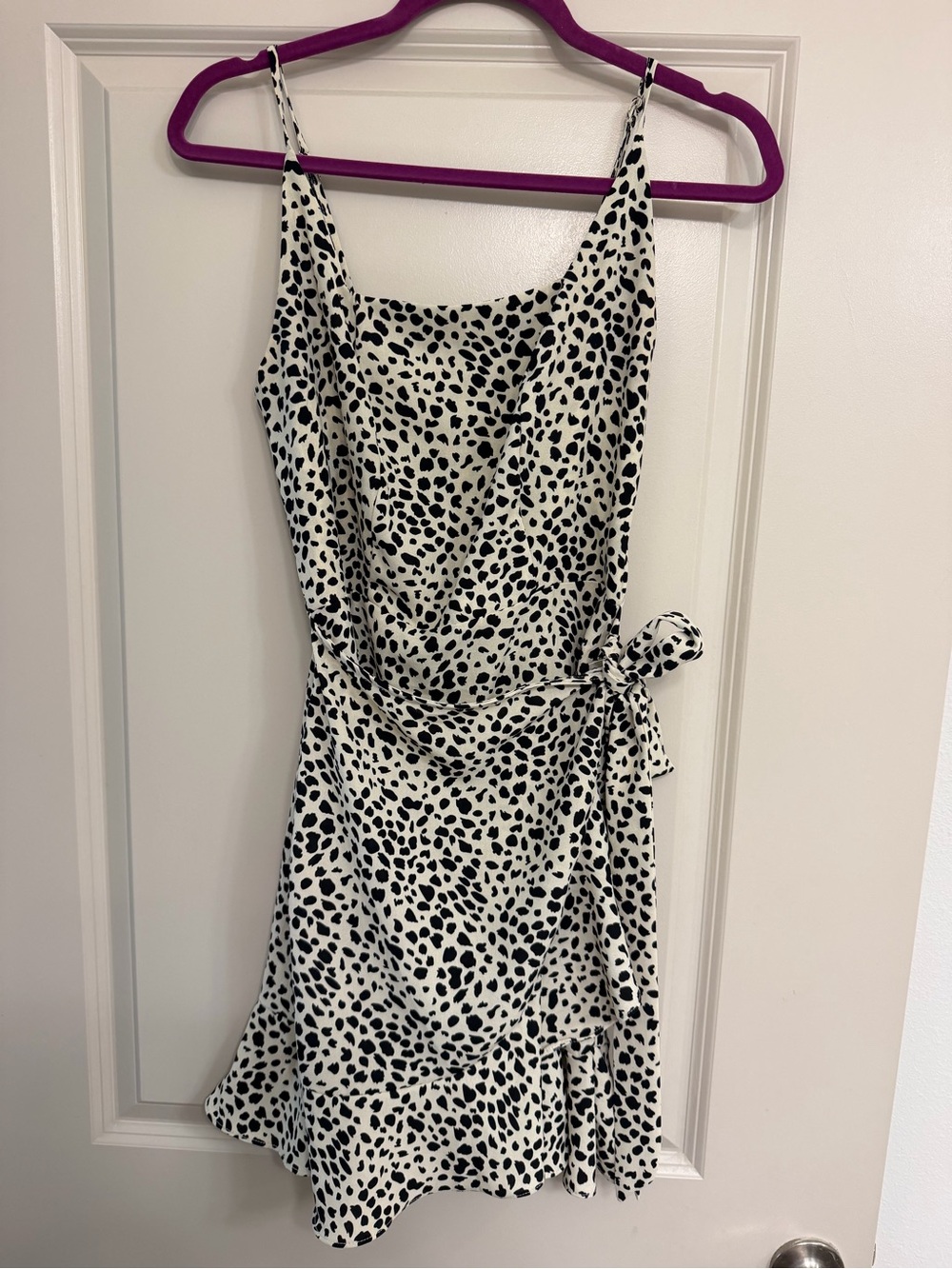 White and Black Spotted Dress with Tie Waist